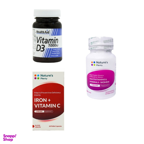 پک مولتی ویتامین و مینرال بانوان و کپسول آیرون پلاس ویتامین C نیچرز پلنتی و قرص ویتامین دی 1000 واحد هلث اید مجموعه 3 عددی