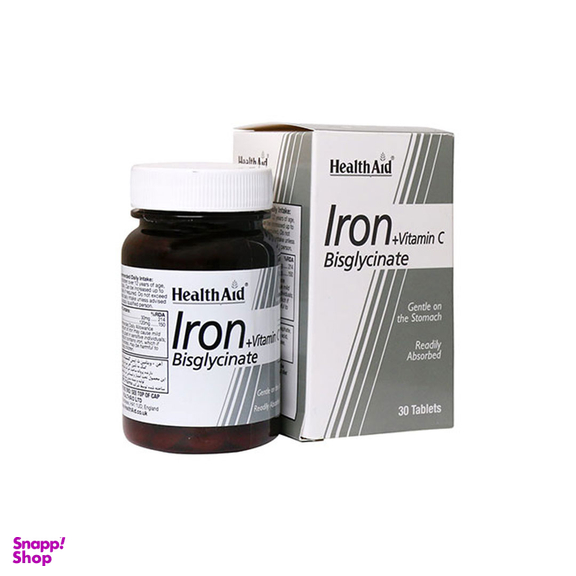 قرص آهسته رهش آهن بیس گلیسینات+ویتامین ث هلث اید بسته 30 عددی