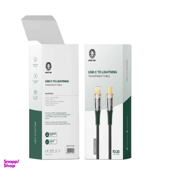 کابل دیتا 20 وات Type-C به Lightning گرین لاین مدل Transparent Cable کد GNTSCLTG1MBK طول 1 متر