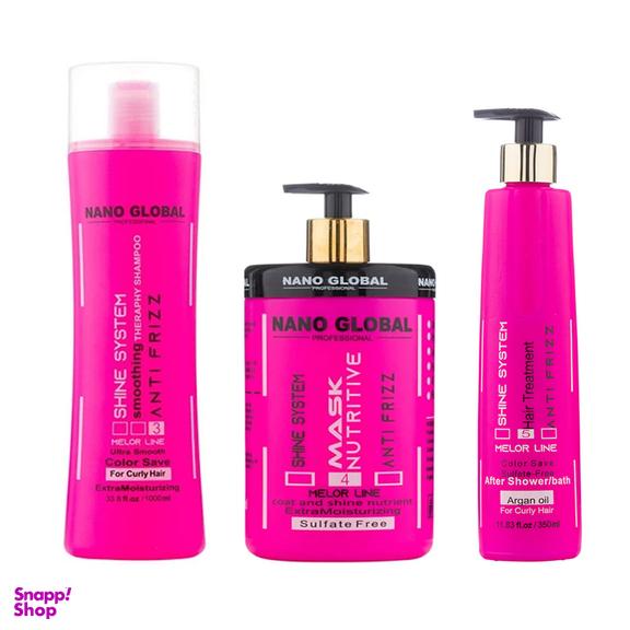 پک شامپو و ماسک داخل و بعد حمام نانوگلوبال مدل Shine System سری Anti Frizz حجم 1000 میلی لیتر