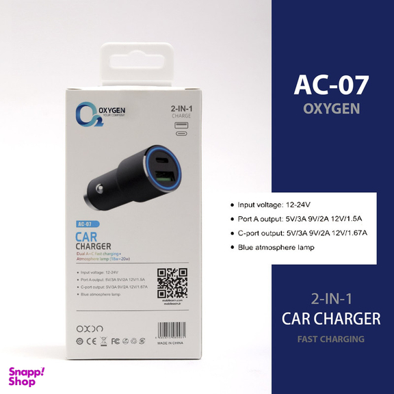 شارژر فندکی 20 وات اکسیژن مدل AC-07 به همراه کابل تبدیل USB-C