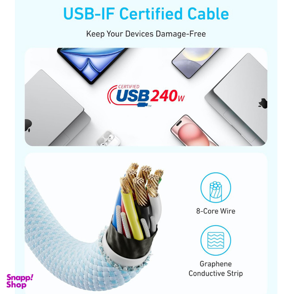 کابل دیتا 240 وات Type-C انکر مدل Zolo PD3.1 طول 1.5 متر