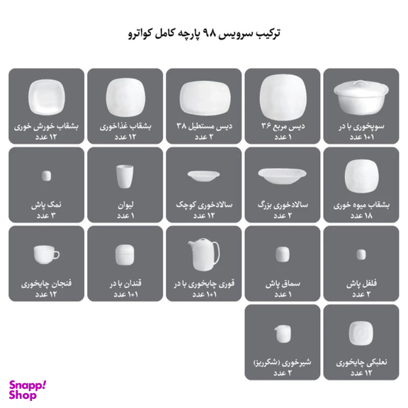 سرویس غذاخوری 98 پارچه چینی زرین ایران سری کواترو مدل مونت کارلو درجه یک