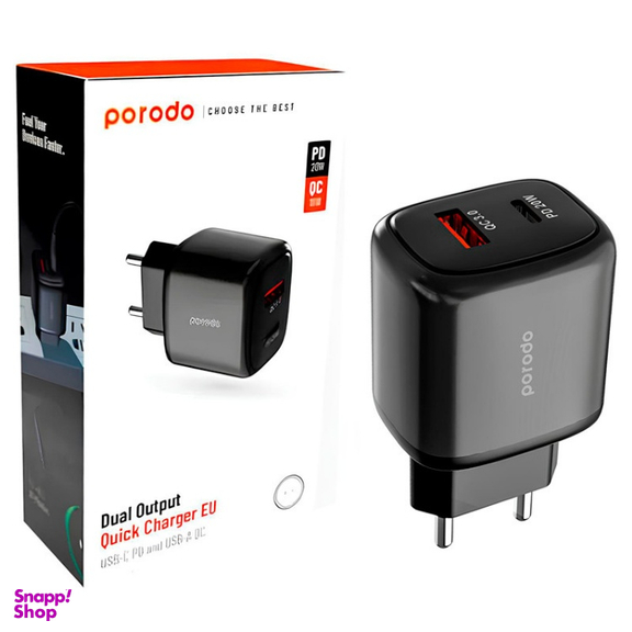 شارژر دیواری فست شارژ پرودو مدل PD-20WACEU 2Port 3A QC3.0 PD 20W