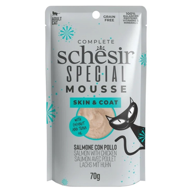 پوچ گربه شسیر مدل پوست و مو طعم سالمون و مرغ با روغن نارگیل و ماهی تن وزن 70 گرم