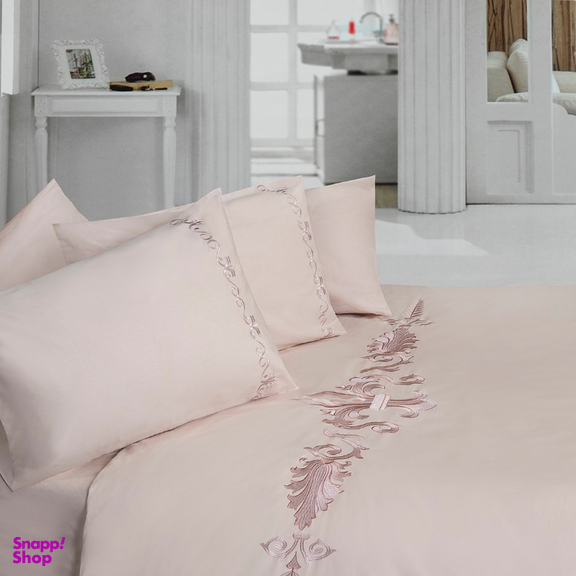 ست 7 تکه لحاف کاور دونفره گلدوزی شده رانفرس رزین تاژ طرح کتیبه رنگ گلبهی