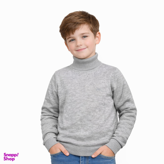 پلیور یقه اسکی پسرانه کولزیون مدل ملانژ ابر و بادی رنگ طوسی روشن