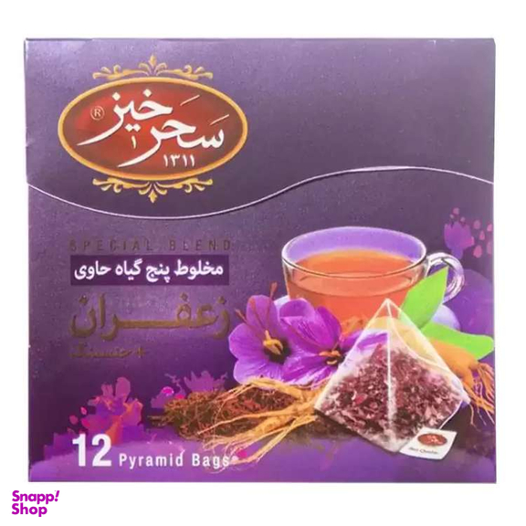 دمنوش مخلوط پنج گیاه زعفرانی و جینسینگ سحرخیز بسته ۱۲ عددی