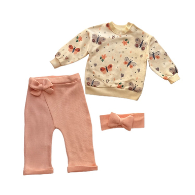 ست بلوز و شلوار و هدبند دخترانه مدل گل و پروانه رنگ صورتی