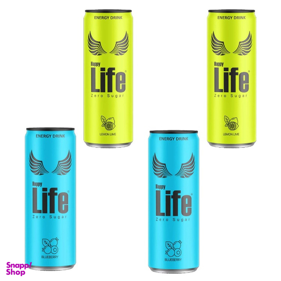 انرژی زا هپی لایف بدون قند با طعم بلوبری و لیمو حجم 250 میلی لیتر بسته 4 عددی