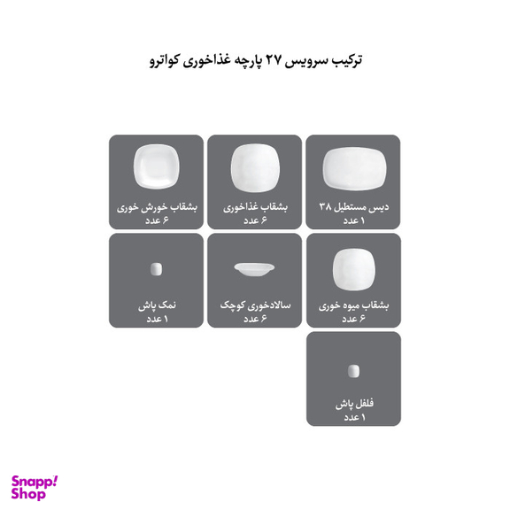 سرویس غذاخوری 27 پارچه چینی زرین ایران مدل کواترو طرح ادلین درجه یک