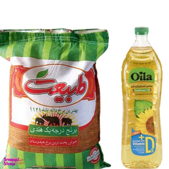 برنج درجه یک هندی طبیعت وزن 10 کیلوگرم به همراه روغن آفتابگردان اویلا حجم 1.5 لیتر