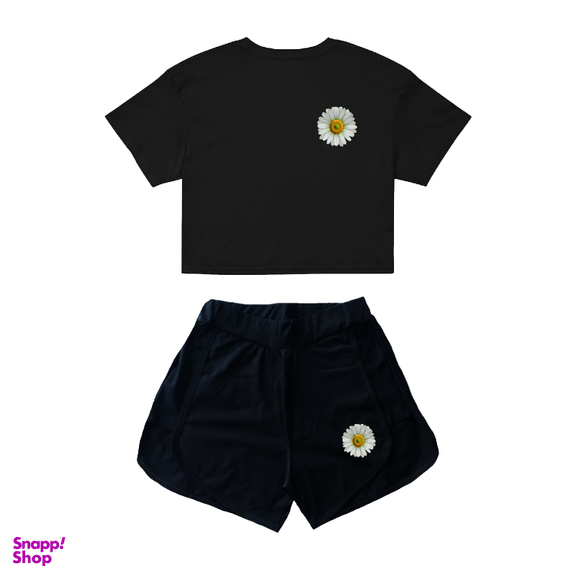 ست نیم تنه و شورتک زنانه طرح بابونه کد 1KS رنگ مشکی