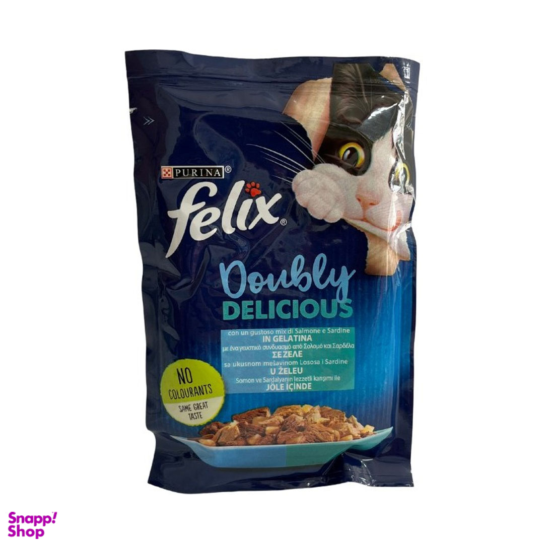 پوچ گربه فلیکس با طعم ماهی سالمون و ماهی ساردین مدل Felix Salmon & Sardine وزن 85 گرم