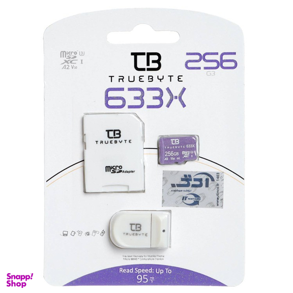 کارت حافظه MicroSDXC تروبایت مدل A2-V30-633X کلاس 10 استاندارد UHS-I U3 ظرفیت 256 گیگابایت به همراه آداپتور SD و کارت خوان
