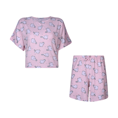 ست کراپ تی شرت آستین کوتاه و شلوارک راحتی زنانه افراتین مدل گربه متعجب کد 6584