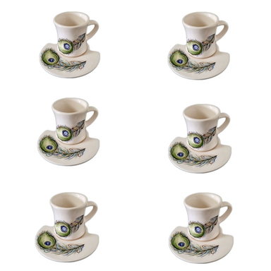 ست فنجان و نعلبکی سرامیکی طرح پر طاووس بسته ۶ عددی