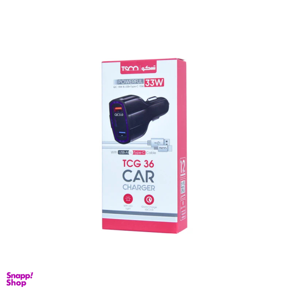 شارژر فندکی تسکو مدل TCG 36 QC3.0 PD 33W به همراه کابل Type-C