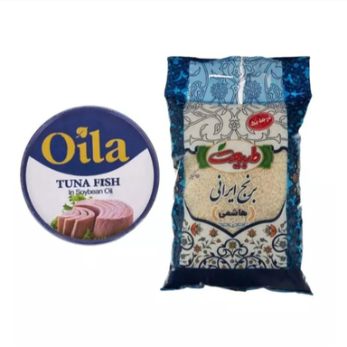 بسته خوار و بار برنج هاشمی طبیعت وزن 900 گرم به همراه تن ماهی اویلا وزن 180 گرم