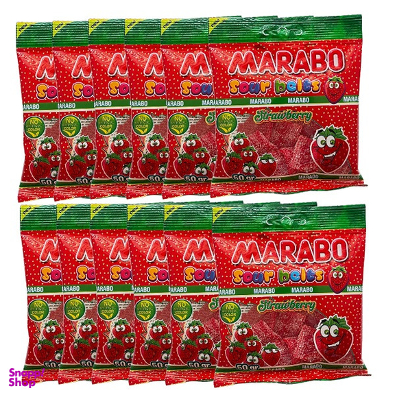 پاستیل لقمه ای نواری با طعم توت فرنگی مارابو وزن 50 گرم بسته 24 عددی