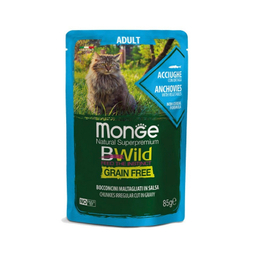 پوچ گربه بالغ مونگه مدل BWild Grain Free طعم ماهی آنچوی وزن 85 گرم