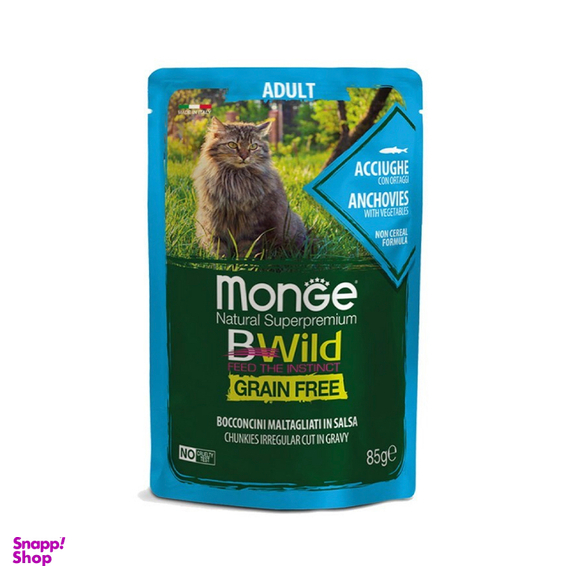 پوچ گربه بالغ مونگه مدل BWild Grain Free طعم ماهی آنچوی وزن 85 گرم