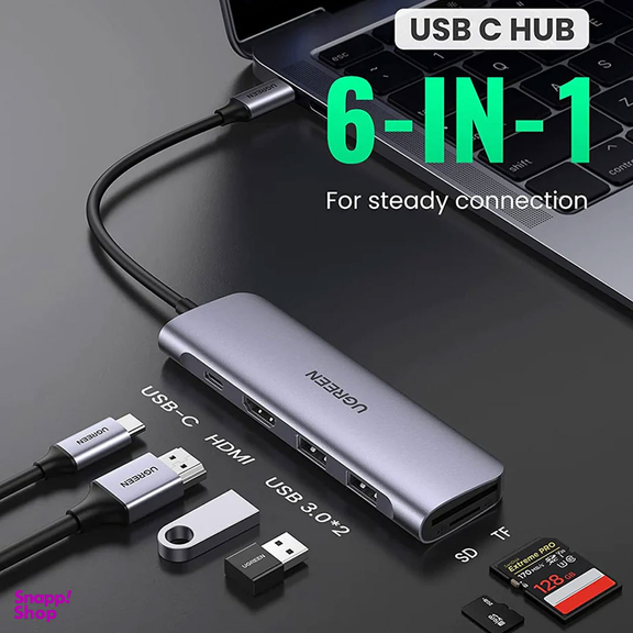 هاب 2 پورت Type C به USB 3.0 با یک پورت HDMI و درگاه کارت حافظه یوگرین (Ugreen) مدل CM195