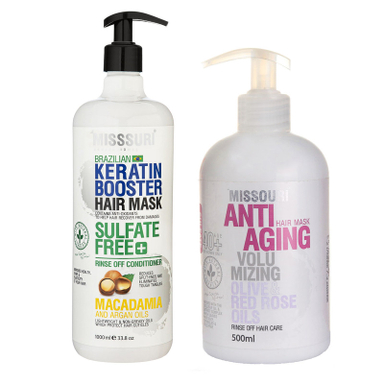 ماسک مو میسوری مدل KERATIN BOOSTER مناسب موهای خشک حجم 1000 میلی لیتر به همراه ماسک مو میسوری مدل زیتون مناسب موهای خشک حجم 500 میلی لیتر