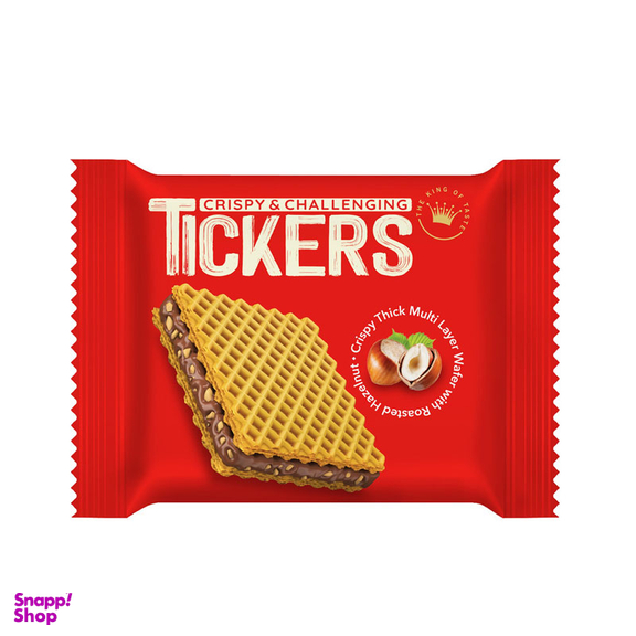 ویفر کرم دار کاکائویی فندقی با تکه های فندق تیکرز وزن 22 گرم