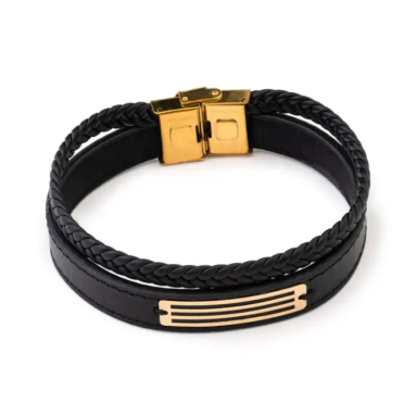 دستبند چرم و طلا 18 عیار مردانه داریم طرح دو خط کد D09