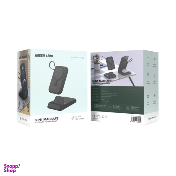 پاوربانک مغناطیسی پایه دار گرین لاین مدل 3in1 MagSafe ظرفیت 10000 میلی آمپر ساعت