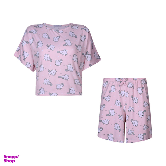 ست کراپ تی شرت آستین کوتاه و شلوارک راحتی زنانه افراتین مدل گربه متعجب کد 6584