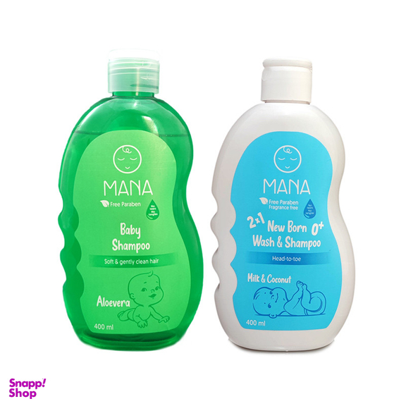 شامپو بچه سر و بدن مانا مدل پروتئین روغن نارگیل و عصاره آلوئه ورا حجم 400 میلی لیتر مجموعه 2 عددی