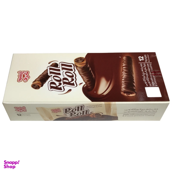 ویفر رول با مغزی کاکائو و روکش کاکائو نادری وزن 20 گرم بسته 12 عددی