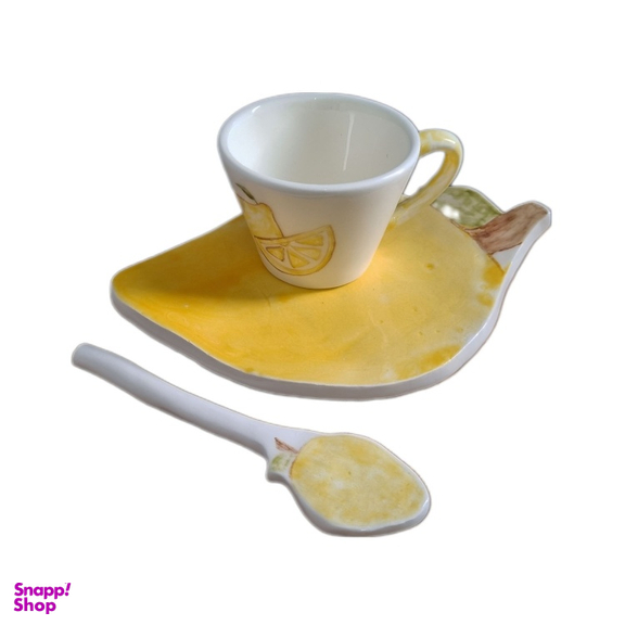 لیوان و زیر لیوانی سرامیکی طرح لیمو مجموعه ۳ عددی