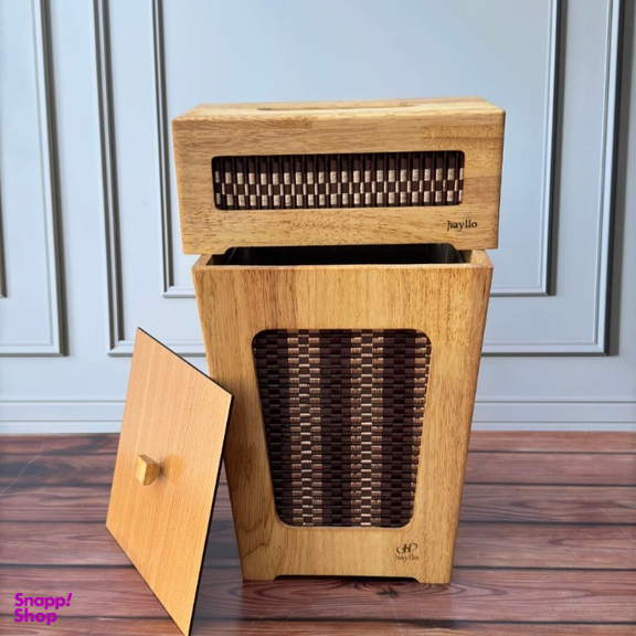 ست سطل زباله و جعبه دستمال کاغذی هایلو مدل بامبو حصیری