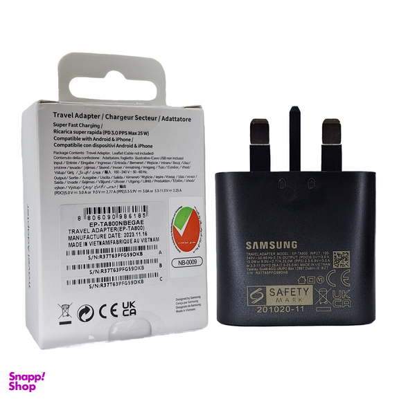 شارژر موبایل 25 وات سامسونگ مدل Ta800 سریال R37T63PFG59DKB به همراه مبدل برق 20 آمپر مارکن