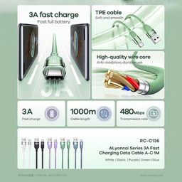 کابل تبدیل USB به Type-C ریمکس مدل Fast Charge 3A Lyoncai طول 1 متر