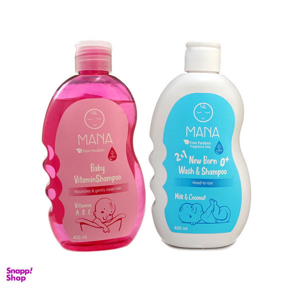 شامپو بچه سر و بدن مانا مدل پروتئین روغن نارگیل و ویتامینه حجم 400 میلی لیتر مجموعه 2 عددی