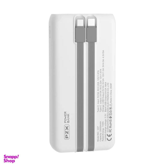 پاوربانک پی زد ایکس مدل V27 Fast Charging 22.5W Cabled ظرفیت 20000 میلی آمپر ساعت