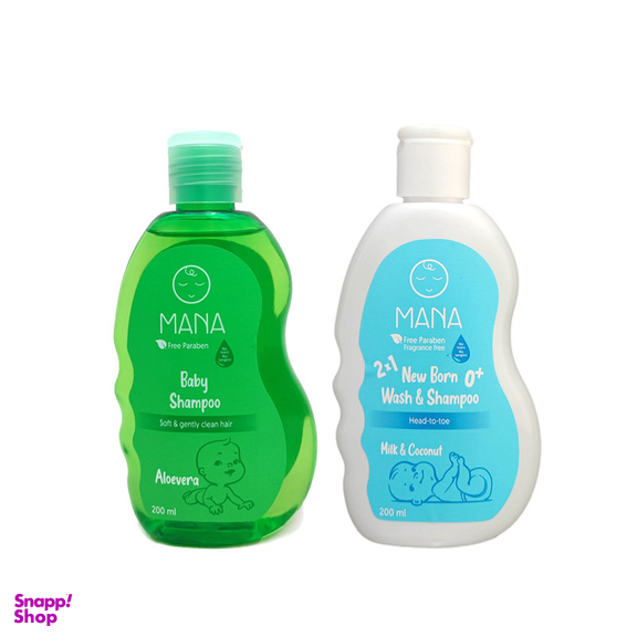 شامپو بچه سر و بدن مانا مدل پروتئین روغن نارگیل و عصاره آلوئه ورا حجم 200 میلی لیتر مجموعه 2 عددی