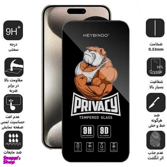 محافظ صفحه نمایش گوشی موبایل پرایویسی بینگو مناسب اپل آیفون 15 پرو