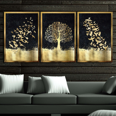 تابلو بکلیت طرح دکوراتیو طلاکوب درخت و شجره مدل T-586 مجموعه 3 عددی