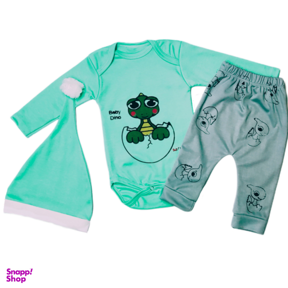 ست 3 تکه لباس نوزادی مدل دایناسور کد A11 رنگ سبز طوسی