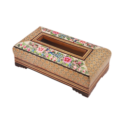 جعبه دستمال کاغذی خاتم کاری مدل تخمه دار نقاشی گل و مرغ