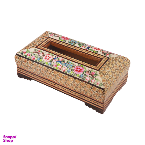 جعبه دستمال کاغذی خاتم کاری مدل تخمه دار نقاشی گل و مرغ