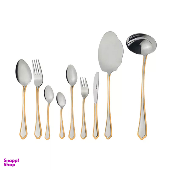 سرویس قاشق و چنگال 57 پارچه ناب استیل مدل ونیز دور طلایی