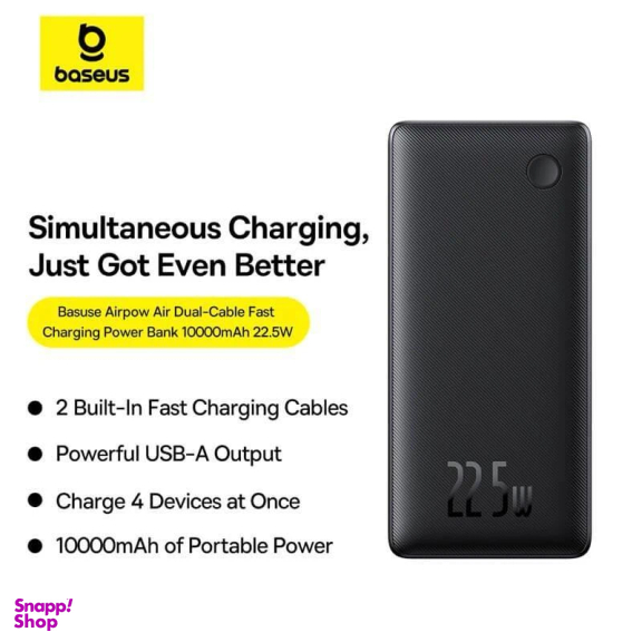 پاوربانک بیسوس مدل Airpow Lite 22.5W Dual Cable ظرفیت 10000 میلی‌ آمپر ساعت