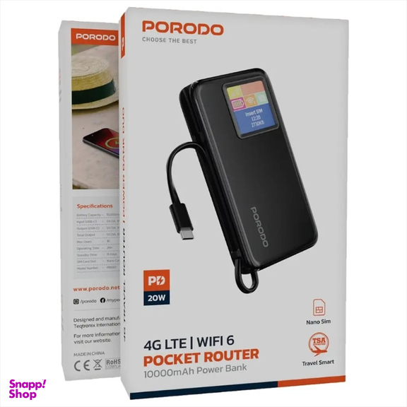 پاوربانک و روتر جیبی 4G LTE WiFi 6 پرودو مدل PDPBFCH087 ظرفیت 10000 میلی‌ آمپر ساعت