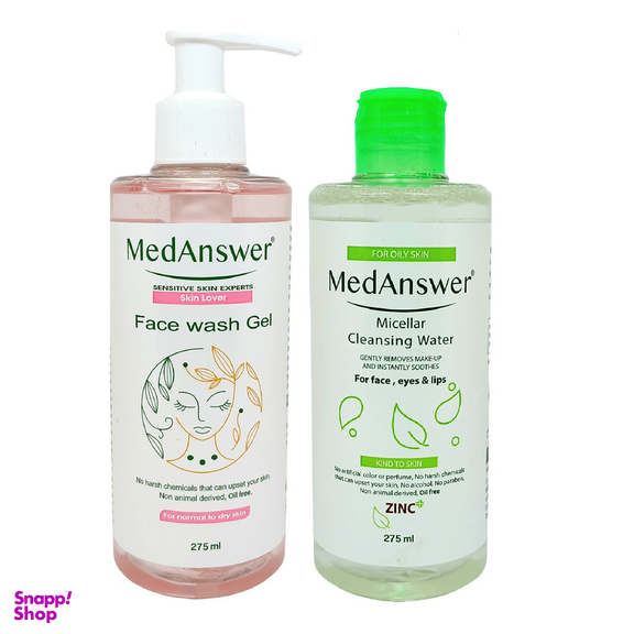 محلول پاک کننده آرایش مدانسر مدل Teatree oil مناسب پوست چرب و مختلط حجم 275 میلی لیتر به همراه ژل شستشو روشن کننده صورت مدانسر مدل Melamed مناسب پوست چرب و مختلط